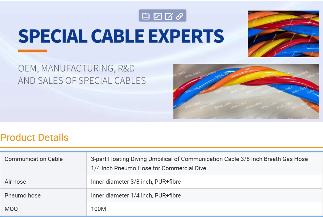 3-part Floating Diving Umbilical of Communication Cable 3/8 Inch Breath Gas Hose 1/4 Inch Pneumo Hose for Commercial Dive