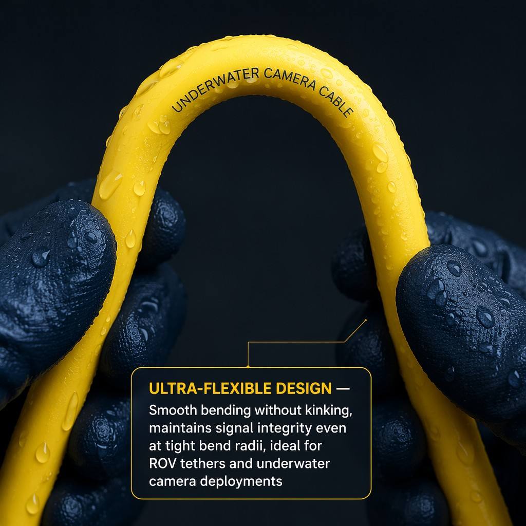 Derul Cable Underwater Camera Cable Subsea Video Cable PUR Jacket Kevlar Reinforced Coaxial 75Ω for ROV Submersible Inspection Camera Aquaculture Fishing Monitoring — IP68 Waterproof CE ROHS Certified
