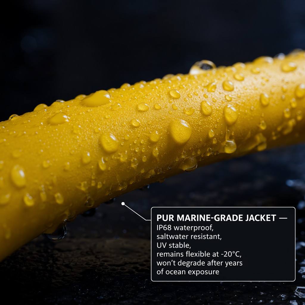 Derul Cable Underwater Camera Cable Subsea Video Cable PUR Jacket Kevlar Reinforced Coaxial 75Ω for ROV Submersible Inspection Camera Aquaculture Fishing Monitoring — IP68 Waterproof CE ROHS Certified