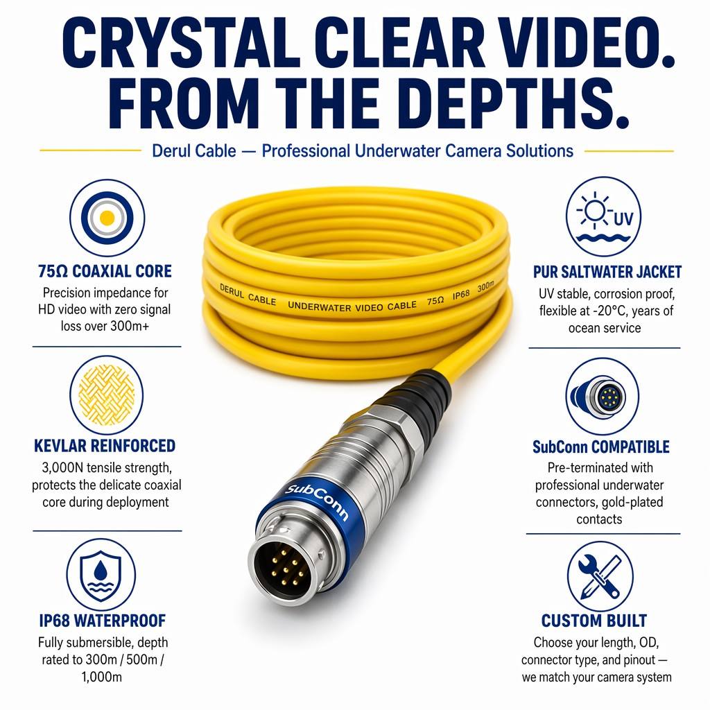 Derul Cable Underwater Camera Cable Subsea Video Cable PUR Jacket Kevlar Reinforced Coaxial 75Ω for ROV Submersible Inspection Camera Aquaculture Fishing Monitoring — IP68 Waterproof CE ROHS Certified