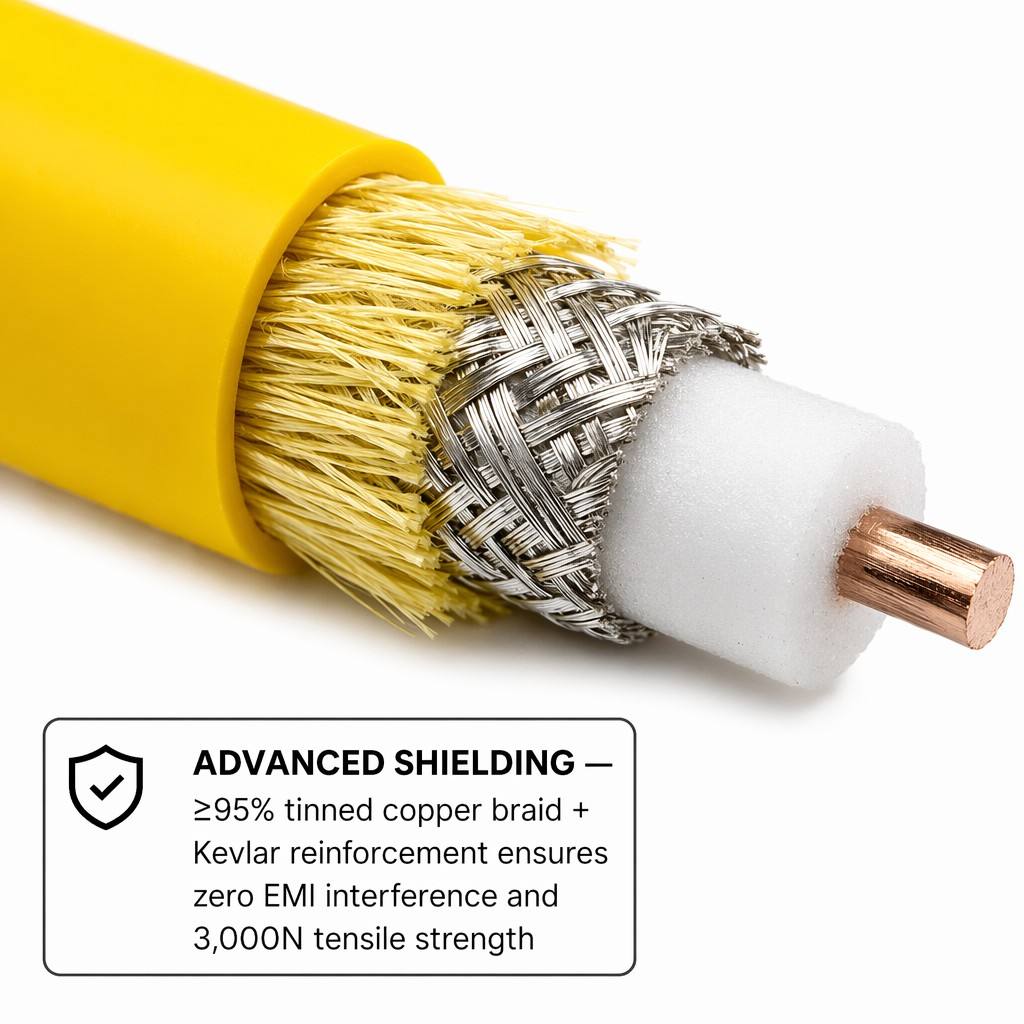 Derul Cable Underwater Camera Cable Subsea Video Cable PUR Jacket Kevlar Reinforced Coaxial 75Ω for ROV Submersible Inspection Camera Aquaculture Fishing Monitoring — IP68 Waterproof CE ROHS Certified
