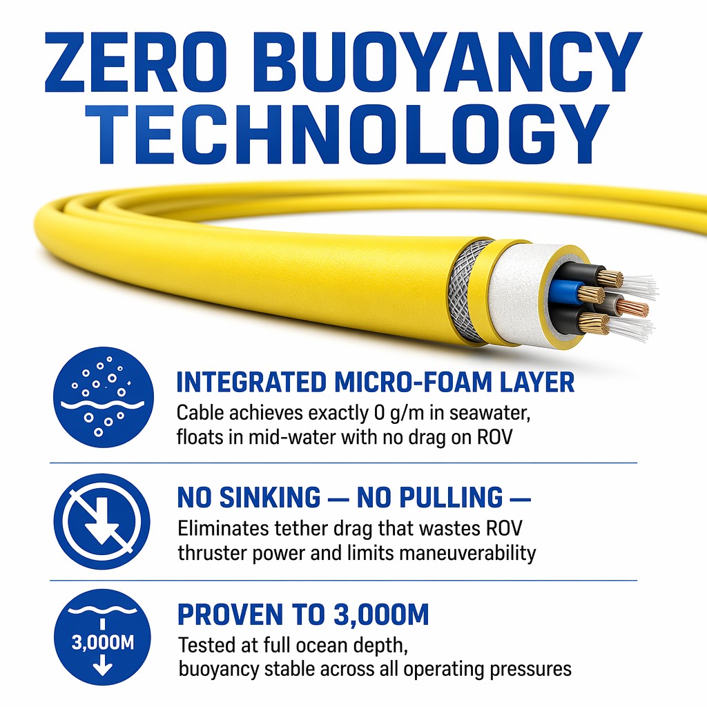 Single Mode Optical Fiber Copper Conductor PE Insulation ROV Vehicle Cable for Small ROV Neutrally Buoyant Tether