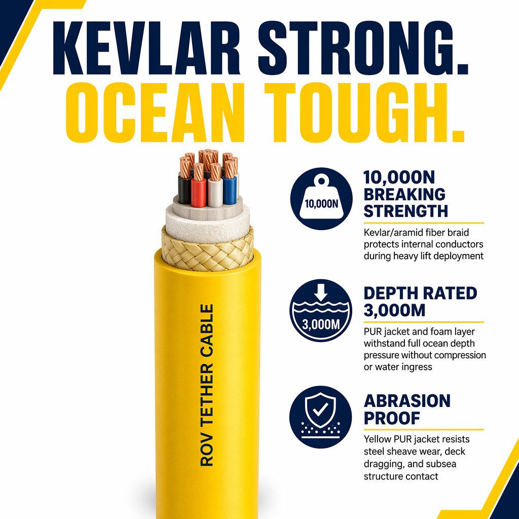 Single Mode Optical Fiber Copper Conductor PE Insulation ROV Vehicle Cable for Small ROV Neutrally Buoyant Tether