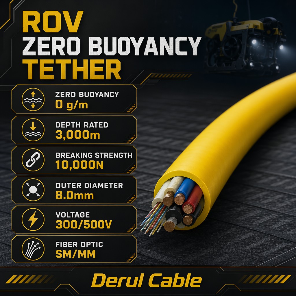 Single Mode Optical Fiber Copper Conductor PE Insulation ROV Vehicle Cable for Small ROV Neutrally Buoyant Tether