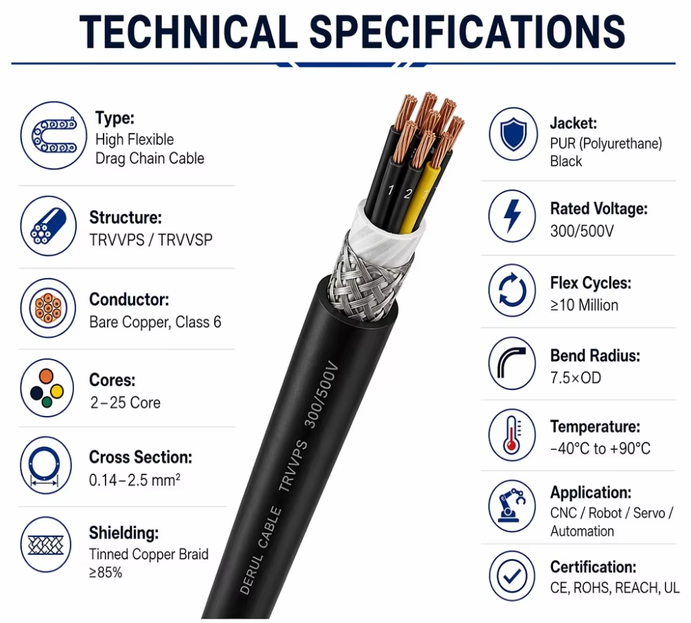 High Flex Drag Chain Cable PUR Shielded TRVVPS 10M Bending Cycles Multi Core 0.14-2.5mm² 2-25 Core for CNC Robot Servo Moto High Flex Drag Chain Cable PUR Shielded TRVVPS 10M Bending Cycles Multi Core 0.14-2.5mm² 2-25 Core for CNC Robot Servo Moto
