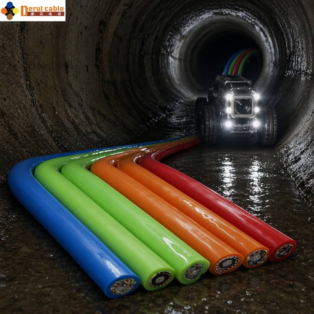 Flexible Pipeline Inspection Robot Cable | 75Ω Coax   Power Hybrid | GFRP Push Rod Core | IP68 PUR Jacket | CE/ISO9001