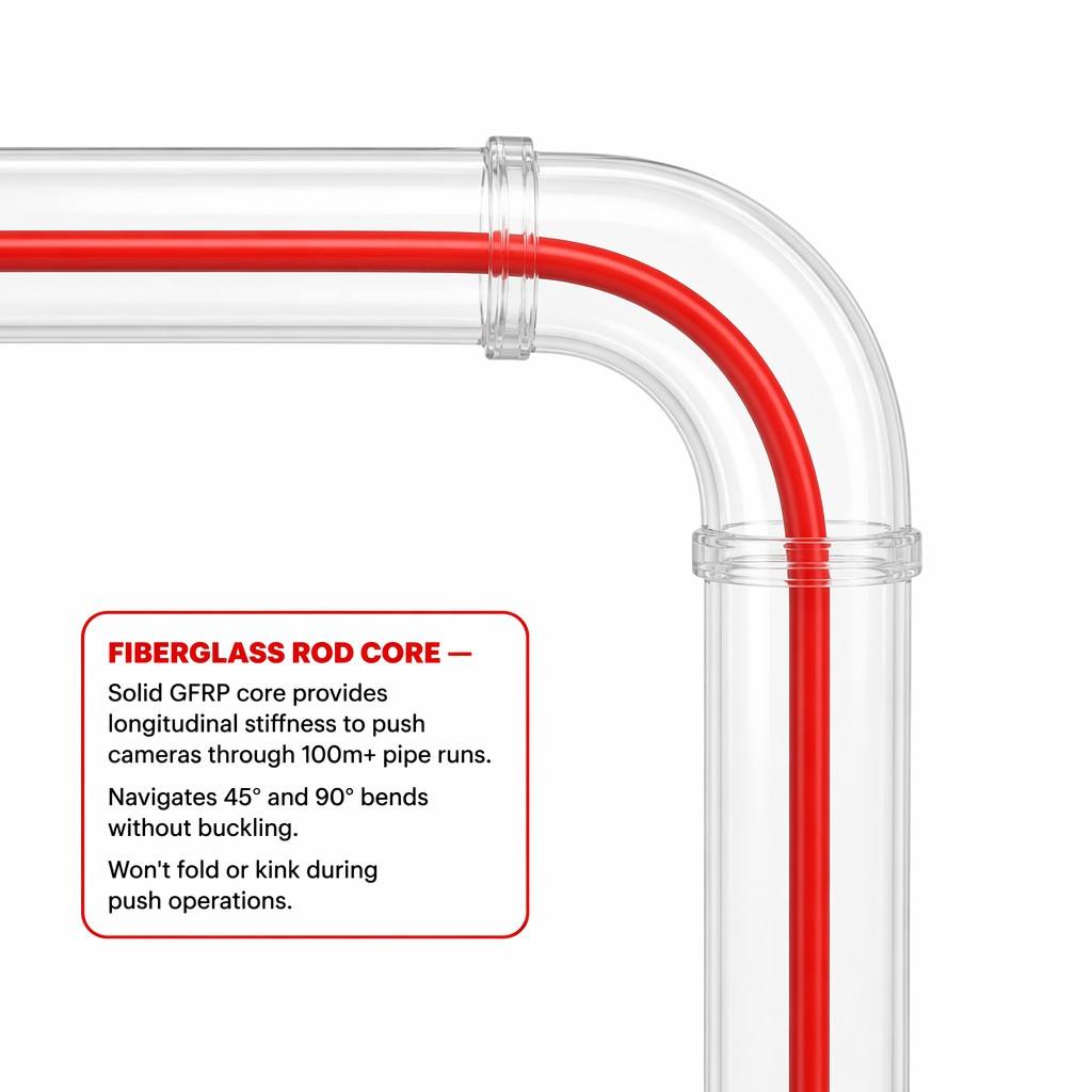 Flexible Pipeline Inspection Robot Cable | 75Ω Coax   Power Hybrid | GFRP Push Rod Core | IP68 PUR Jacket | CE/ISO9001