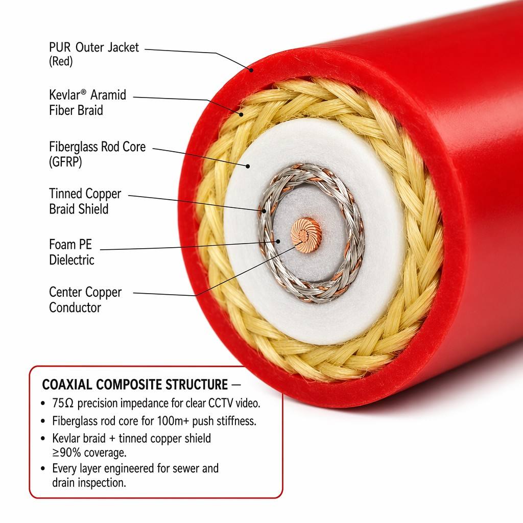 Flexible Pipeline Inspection Robot Cable | 75Ω Coax   Power Hybrid | GFRP Push Rod Core | IP68 PUR Jacket | CE/ISO9001
