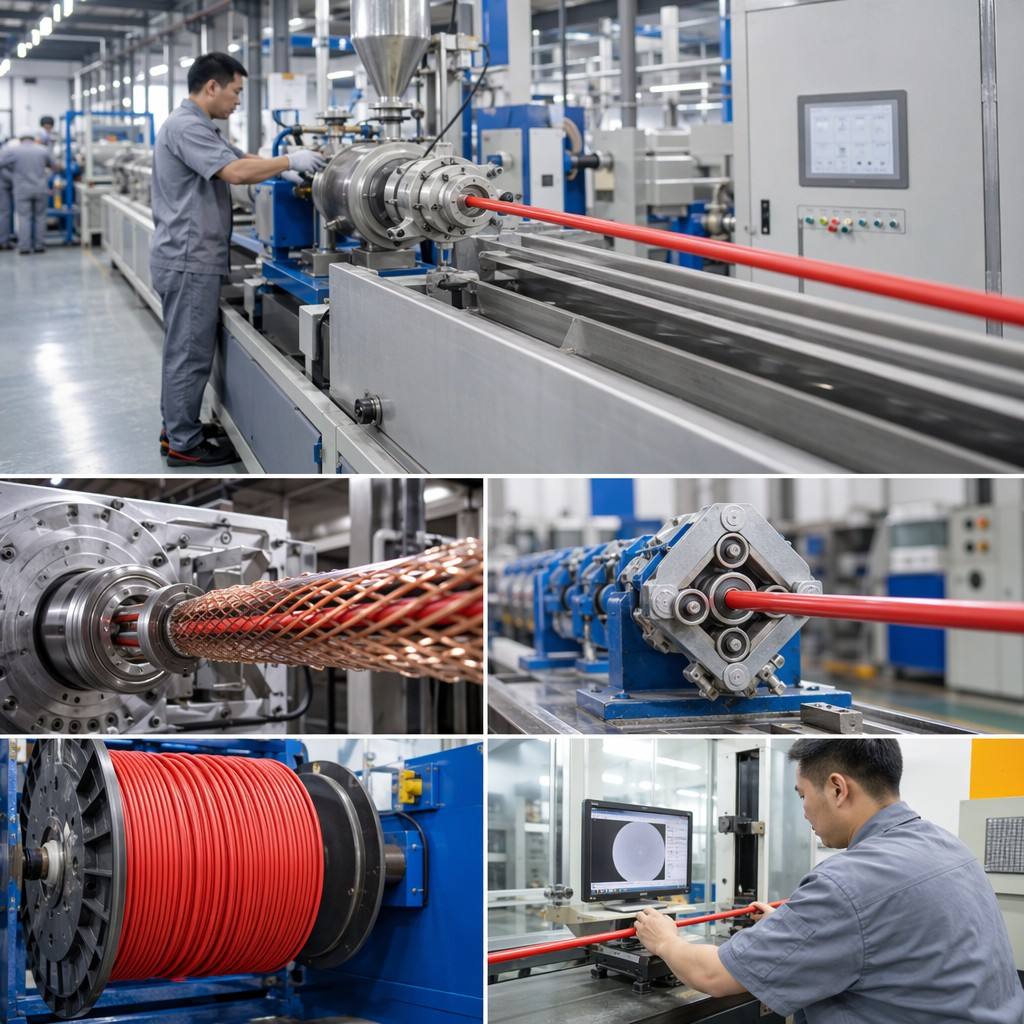Flexible Pipeline Inspection Robot Cable | 75Ω Coax   Power Hybrid | GFRP Push Rod Core | IP68 PUR Jacket | CE/ISO9001