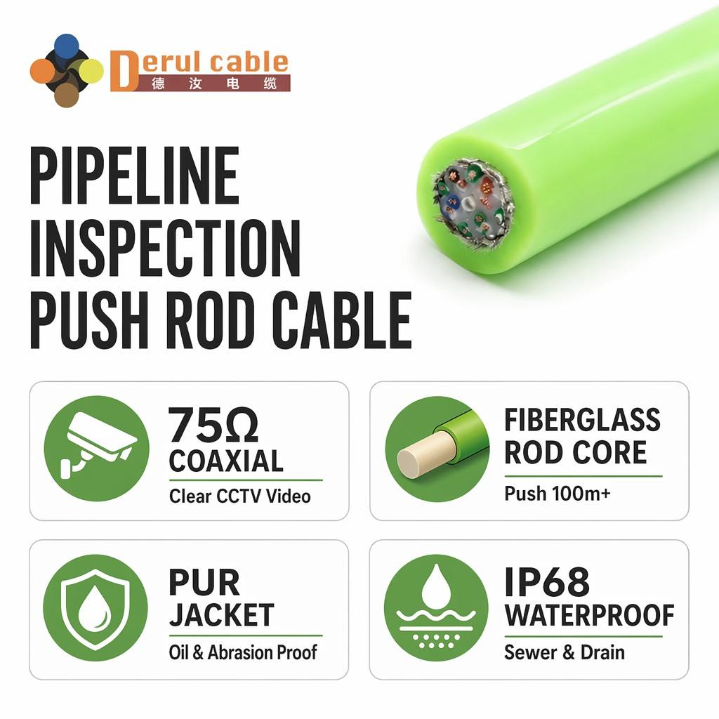 Flexible Pipeline Inspection Robot Cable | 75Ω Coax   Power Hybrid | GFRP Push Rod Core | IP68 PUR Jacket | CE/ISO9001