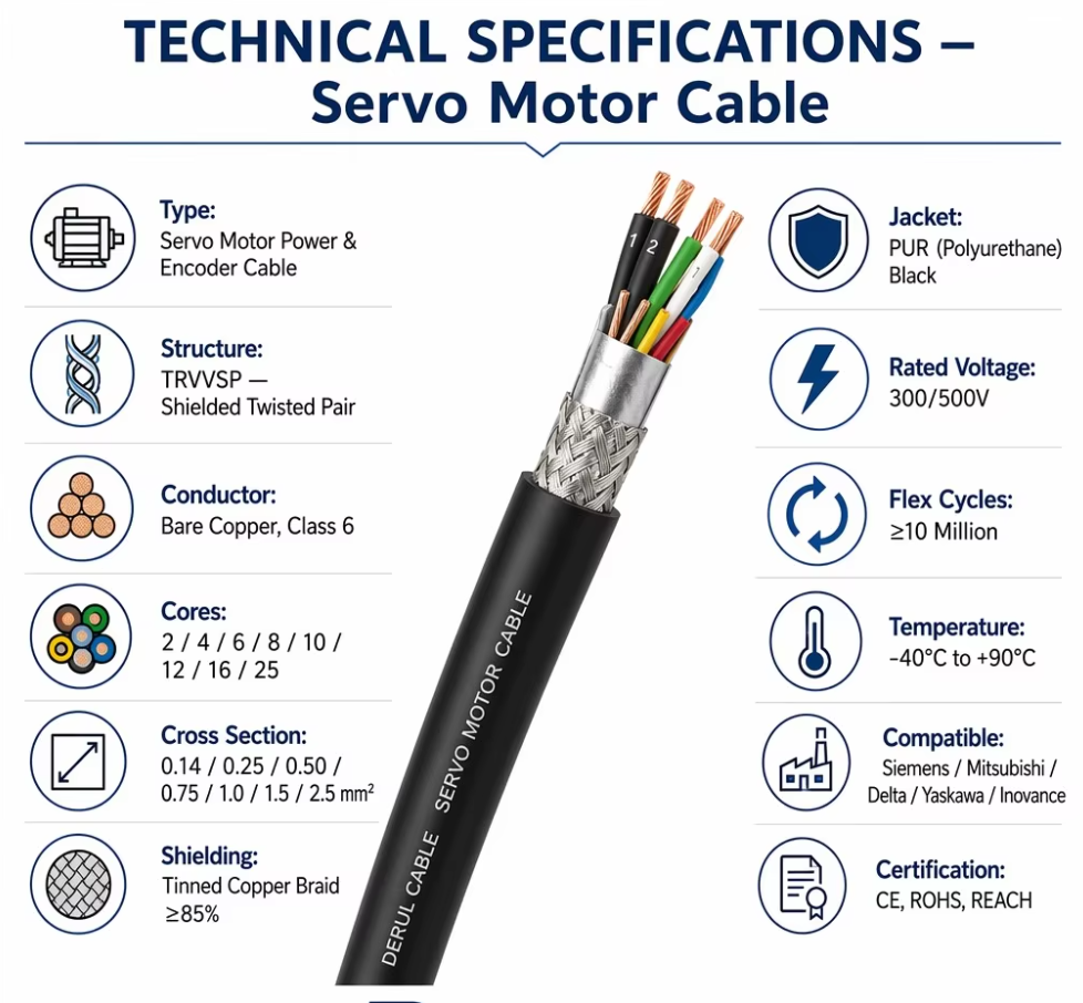 High Flexible Servo Encoder Feedback Cable — Double Shielded, Drag Chain Rated, PUR Jacket, 4–10 Core, Compatible with Mitsubishi/Delta/Inovance High Flexible Servo Encoder Feedback Cable — Double Shielded, Drag Chain Rated, PUR Jacket, 4–10 Core, Compatible with Mitsubishi/Delta/Inovance