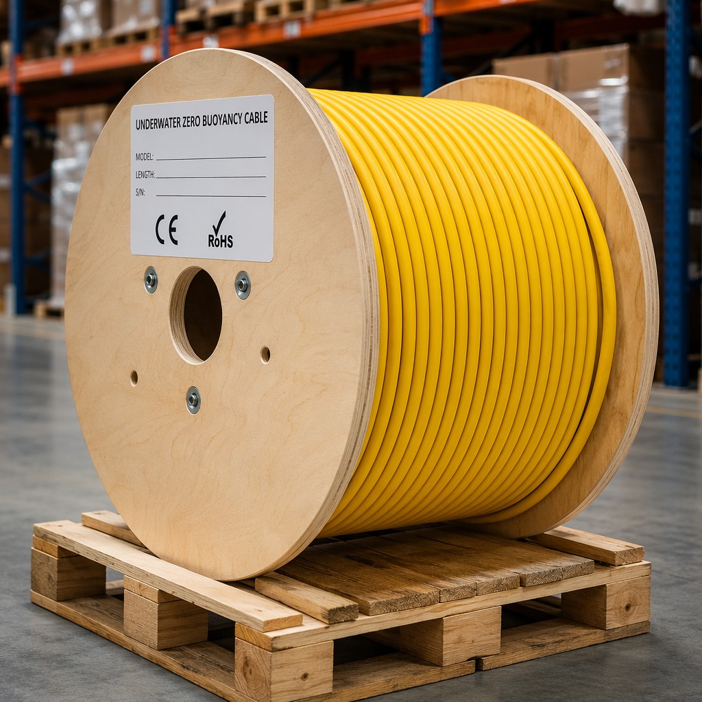 Yellow zero buoyancy ROV tether cable, Kevlar reinforced floating underwater umbilical cable