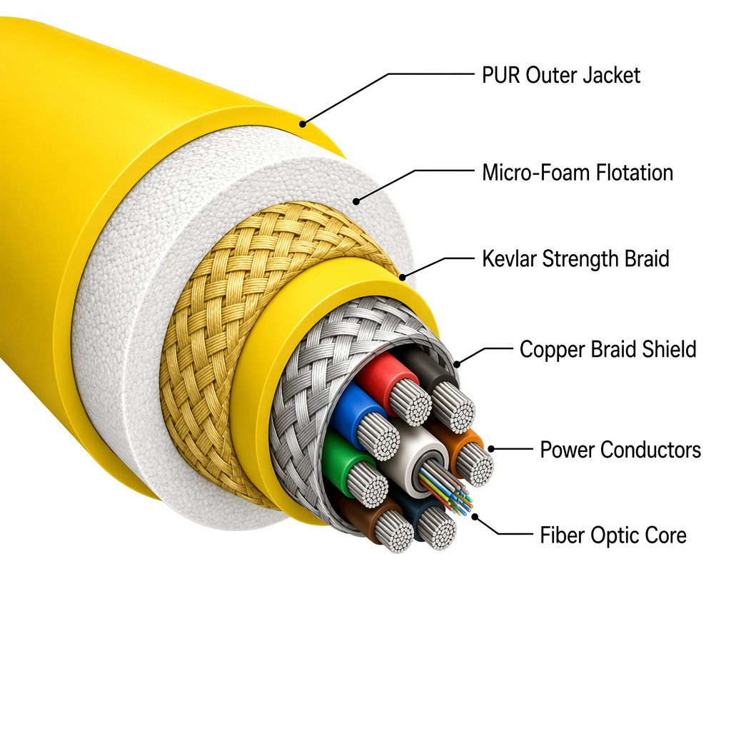 Internal composite structure of Kevlar reinforced neutrally buoyant underwater tether