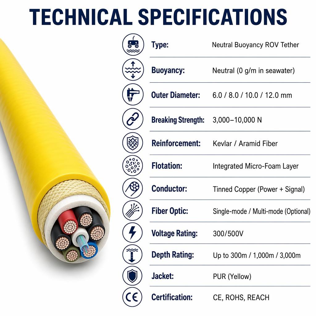 Underwater ROV Tether – Fiber Optic/Cat5 Neutral-Buoyancy Floating Tether | Shanghai Deru Cable