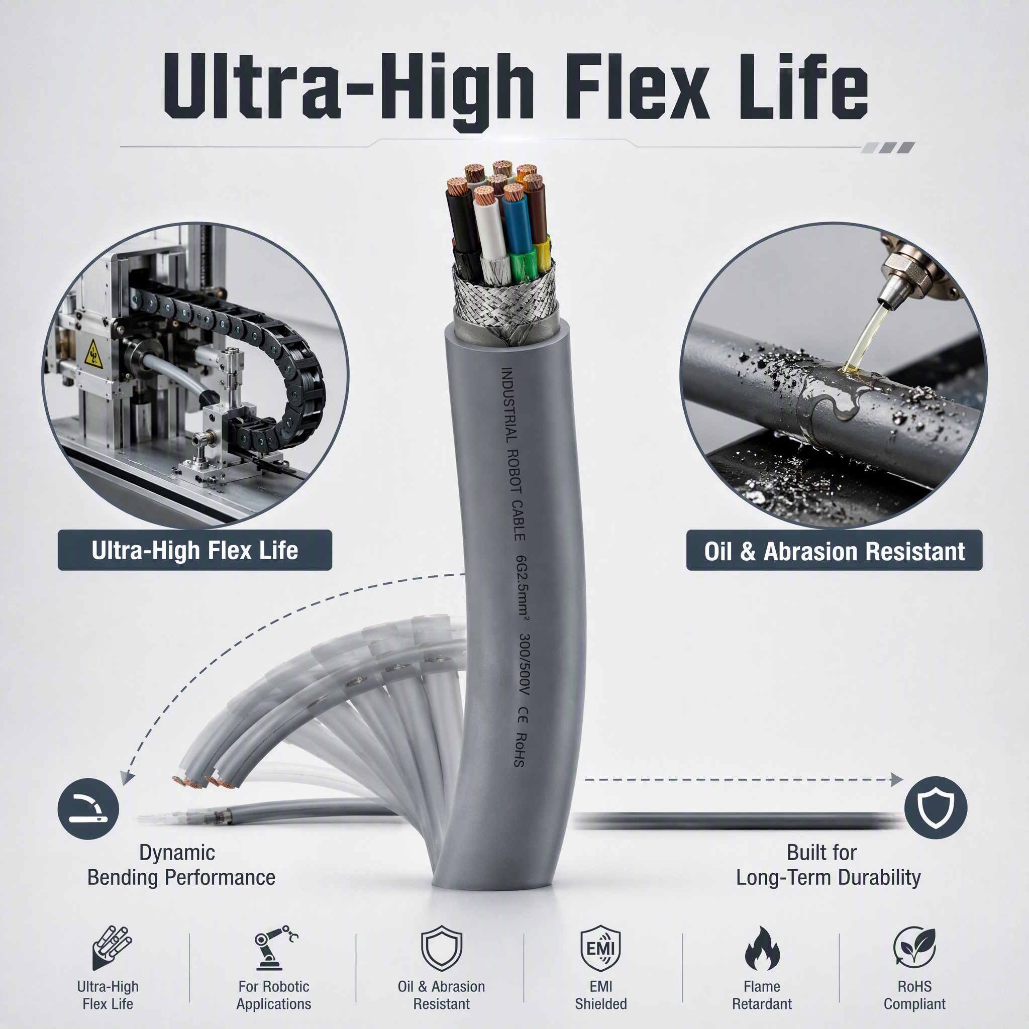 PUR High Flex Robot Cable Multi Core Shielded — 2–50 Core 0.12–2.5mm² Drag Chain Industrial Robot Arm