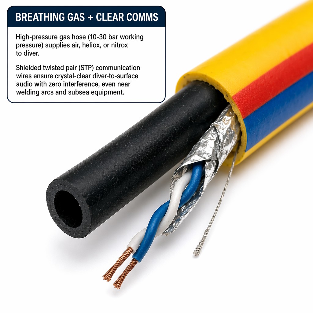 Wholesale Custom 3-Function Diving Umbilical (Integrated Air/Oxygen, Communication, and Video Cables) for Commercial Divers Wholesale Custom 3-Function Diving Umbilical (Integrated Air/Oxygen, Communication, and Video Cables) for Commercial Divers