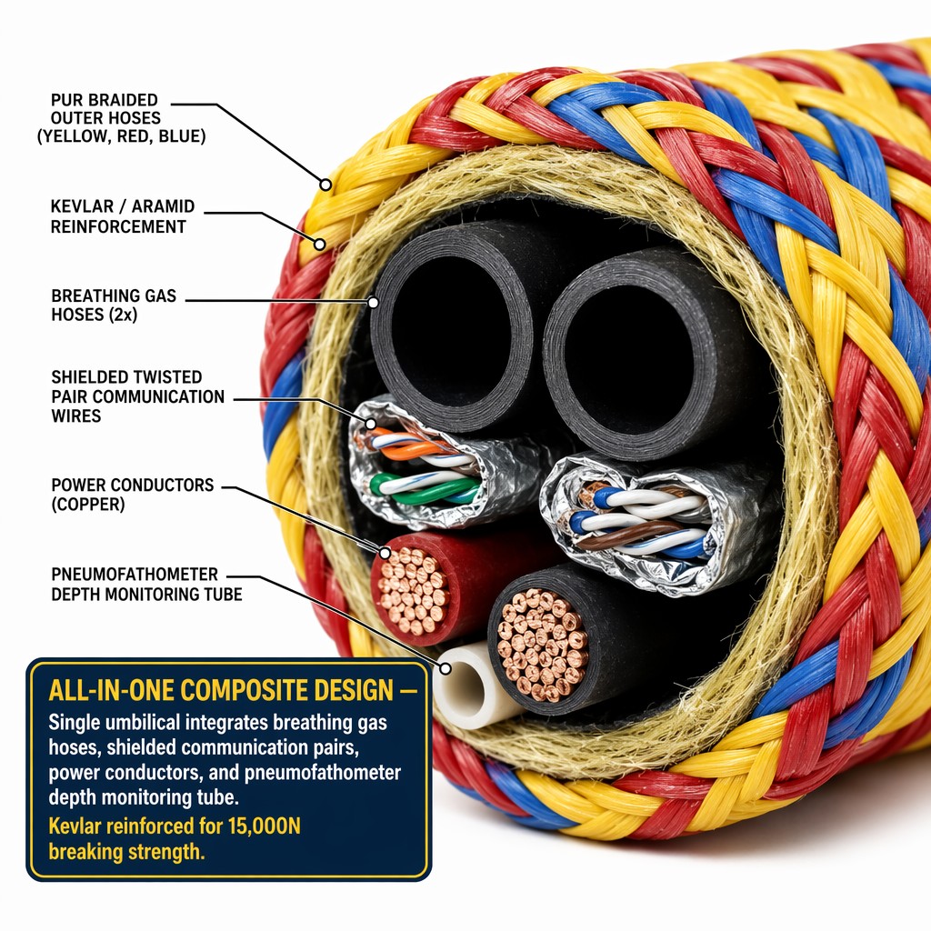 Wholesale Custom 3-Function Diving Umbilical (Integrated Air/Oxygen, Communication, and Video Cables) for Commercial Divers Wholesale Custom 3-Function Diving Umbilical (Integrated Air/Oxygen, Communication, and Video Cables) for Commercial Divers