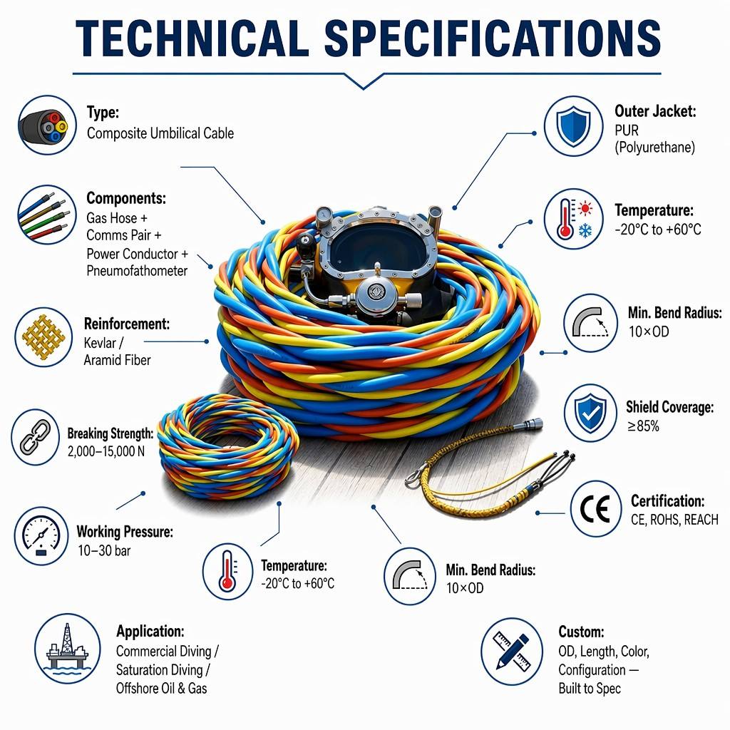 Wholesale Custom 3-Function Diving Umbilical (Integrated Air/Oxygen, Communication, and Video Cables) for Commercial Divers Wholesale Custom 3-Function Diving Umbilical (Integrated Air/Oxygen, Communication, and Video Cables) for Commercial Divers