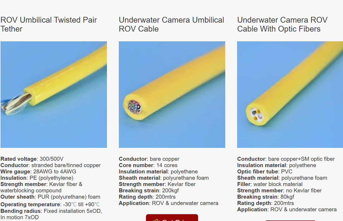 ROV Umbilical Twisted Pair Tether,Underwater Camera Umbilical ROV Cable,Underwater Camera ROV Cable With Optic Fibers