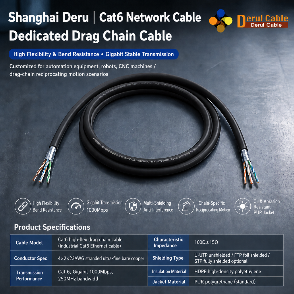 Cat6 High‑Flex Drag Chain Ethernet Cable, S/FTP Shielded PUR Sheath Industrial Network Cable For Automation
