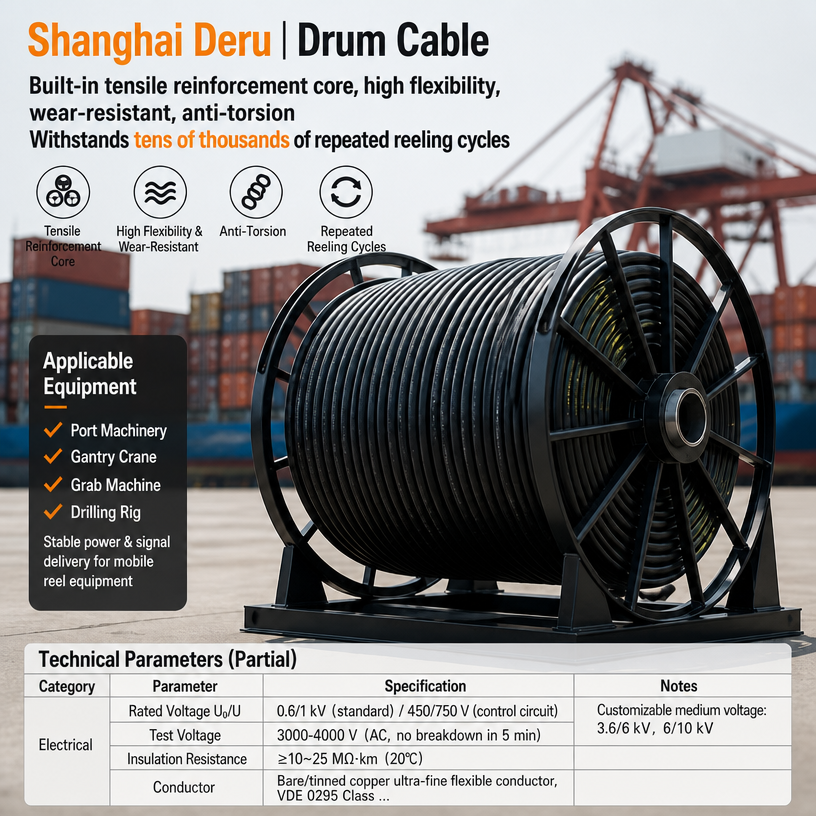 Customizable heavy-duty drum cables for cranes and port machinery - Shanghai Deru Manufacturer