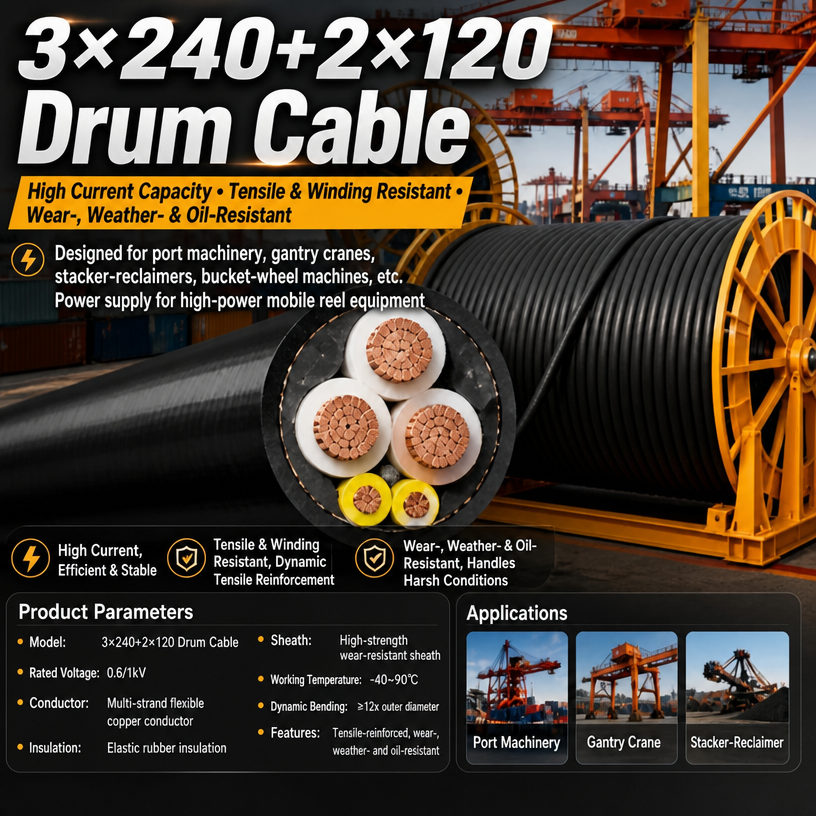 3x240 2x120mm² Heavy‑Duty Drum Reeling Cable 0.6/1kV for Port Gantry Crane
