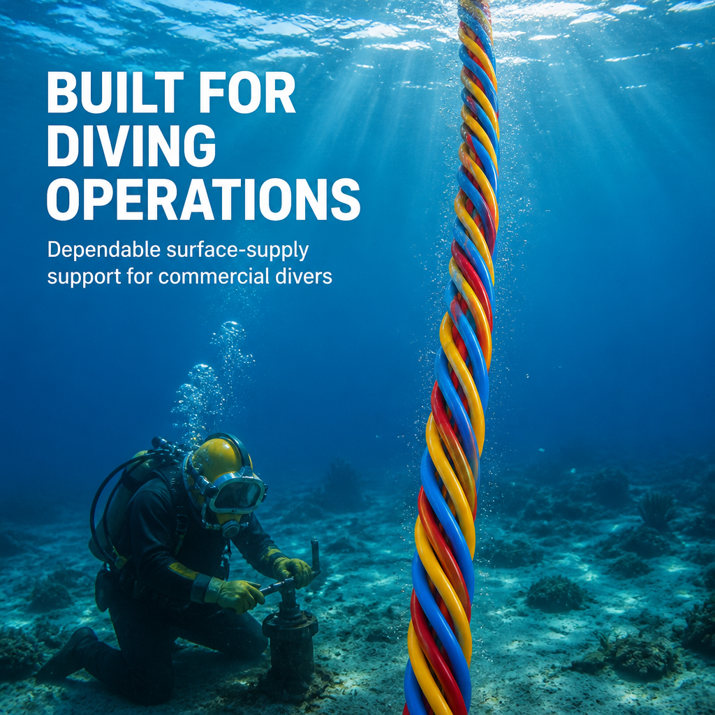 Diver Umbilical Cable | Surface Supply Commercial Diving Umbilical, PUR Jacket, Integrated Gas Hose