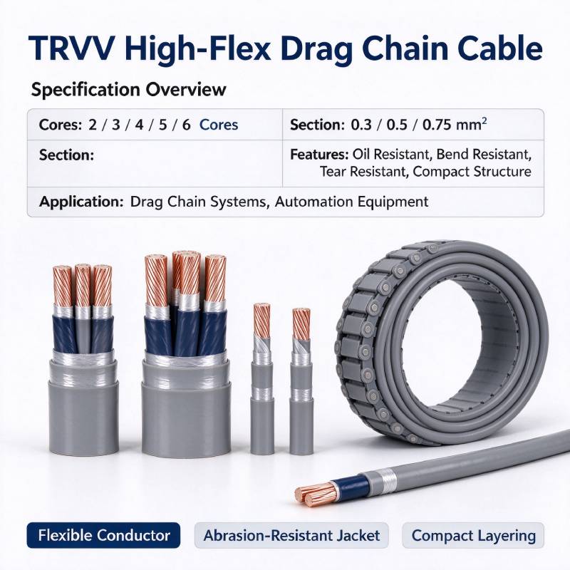 TRVV drag chain cable is a high-flex multi-core cable engineered for continuous reciprocating movement inside energy chains. Made of fine stranded oxygen-free copper conductors and modified PVC insulation