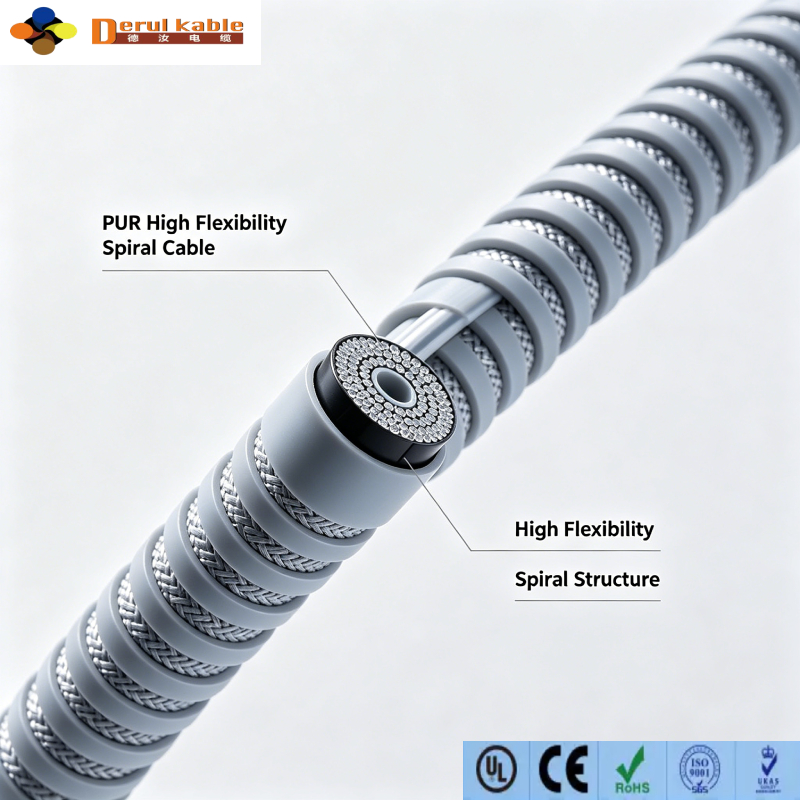 Highly Flexible PUR Spiral Cable Black 4 Core Industrial