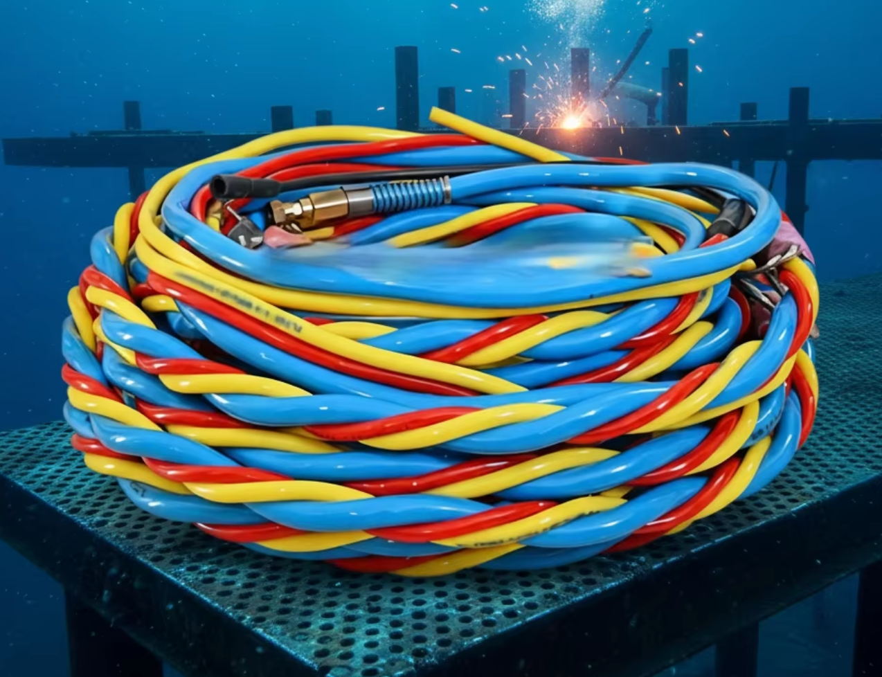 Our 3-in-1 marine diving umbilical cable integrates subsea pressure resistant air hose, signal communication & CCTV video lines. Custom ROV deep sea composite umbilical cable, factory direct supply, CE certified. Contact us for quotation.