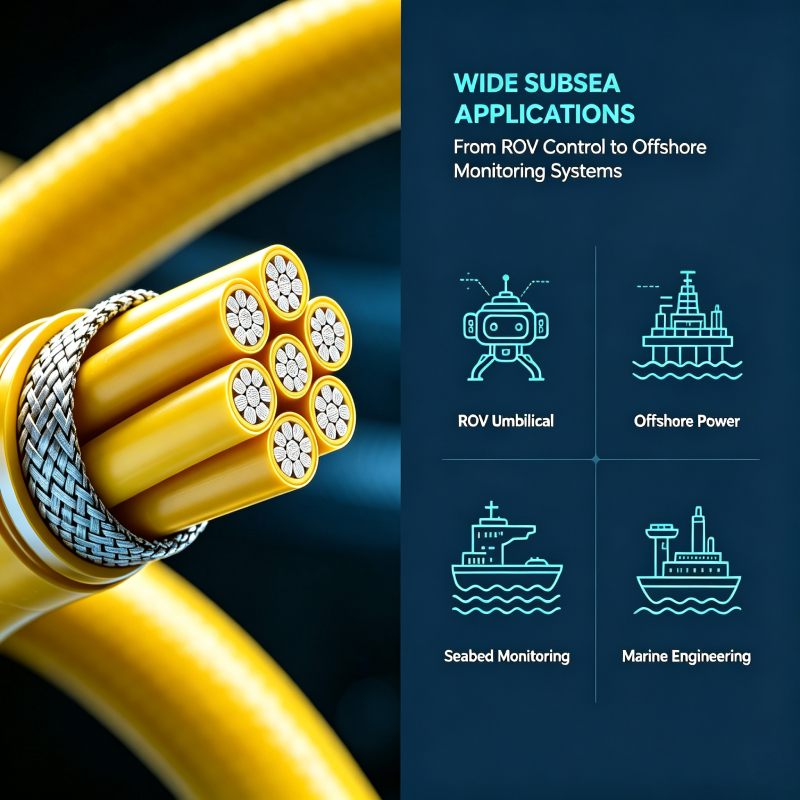 Zero buoyancy underwater umbilical cable with Kevlar strength member, yellow ROV fiber tether