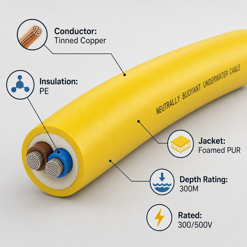 Zero‑buoyancy ROV umbilical cable, custom neutral buoyancy subsea tether by Shanghai Deru Cable